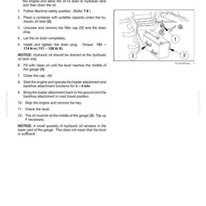 May include: Diagram illustrating hydraulic oil replacement. Instructions include draining, filling, and checking the oil level. The image shows a hydraulic oil tank with numbered components and torque specifications in foot-pounds.