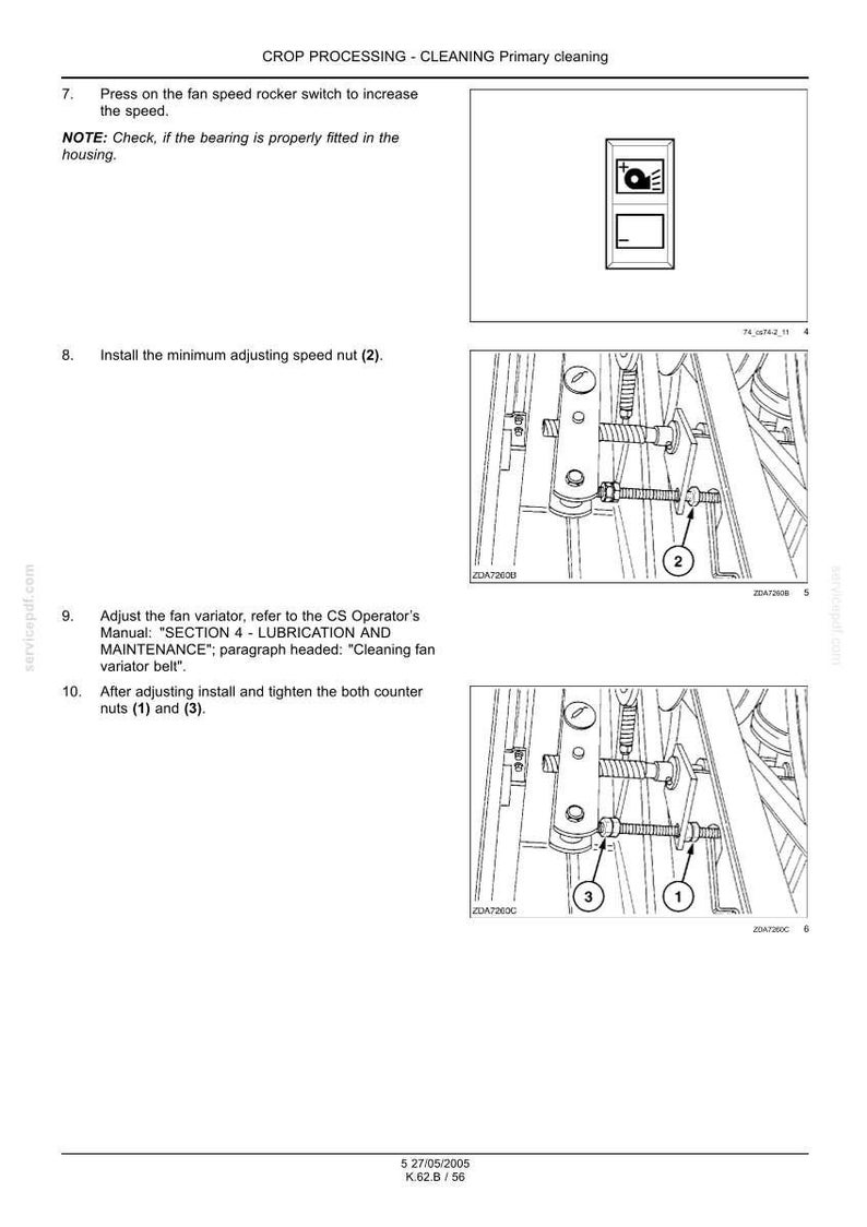 May include: Diagram from a manual showing crop processing cleaning instructions. Includes illustrations of mechanical components, nuts, and a rocker switch. Text includes instructions for adjusting speed and tightening nuts.
