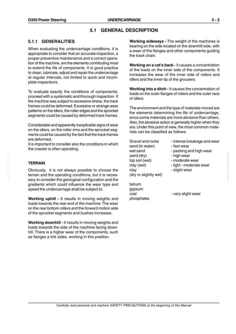 May include: A technical document page titled D350 Power Steering Undercarriage 5-3, containing black text on a white background. It details general descriptions for undercarriage maintenance, terrain impact, and wear factors for heavy machinery.