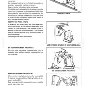 May include: A page from a manual with safety precautions for operating heavy machinery. Illustrations show proper parking, restricted work areas, and warnings about working near precipices. Text includes safety instructions and warnings.