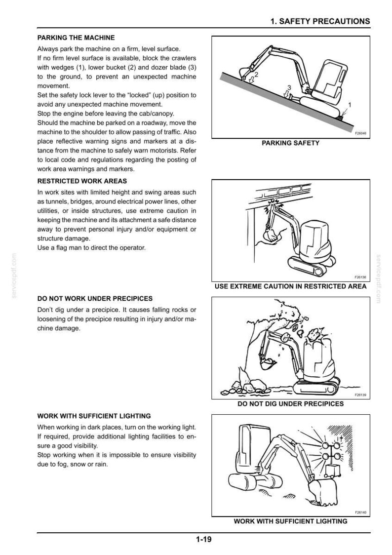 May include: A page from a manual with safety precautions for operating heavy machinery. Illustrations show proper parking, restricted work areas, and warnings about working near precipices. Text includes safety instructions and warnings.