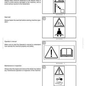 May include: Page from a safety manual with multiple warning symbols. Includes symbols for electric lines, seat belt use, reading the operator's manual, and maintenance procedures. Text includes safety information.