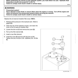 May include: Diagram of an oil reservoir breather with numbered components and instructions. The image includes warnings about burn hazards and pressurized systems. The diagram shows how to replace the filter element.