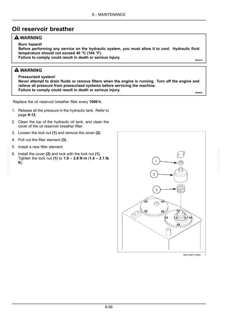 May include: Diagram of an oil reservoir breather with numbered components and instructions. The image includes warnings about burn hazards and pressurized systems. The diagram shows how to replace the filter element.