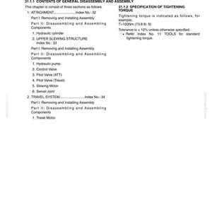 May include: A technical document page titled Section 3 - Disassembly and Assembly, Chapter 31 - General Disassembly and Assembly. It lists components including the hydraulic cylinder, upper slewing structure, and travel system with index numbers.
