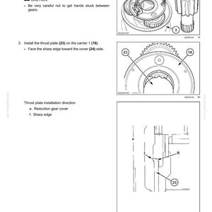 May include: Diagram of hydraulic system components, including gears, a thrust plate, and a carrier. The image includes text instructions and warnings about assembly and installation procedures. The diagram is in black and white.