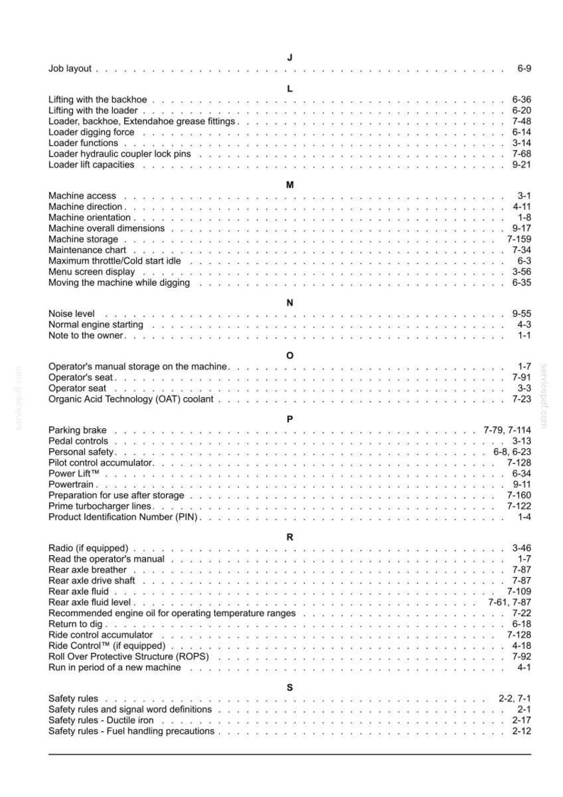 May include: A page from a manual with a table of contents. The text includes terms like "Machine access," "Safety rules," and "Product Identification Number (PIN)." The page is white with black text.