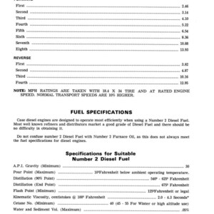 Puede incluir: Documento en blanco y negro con texto que detalla las velocidades de viaje aproximadas en MPH para un veh&iacute;culo, incluidas las marchas hacia adelante y hacia atr&aacute;s. Tambi&eacute;n incluye especificaciones de combustible para motores di&eacute;sel.