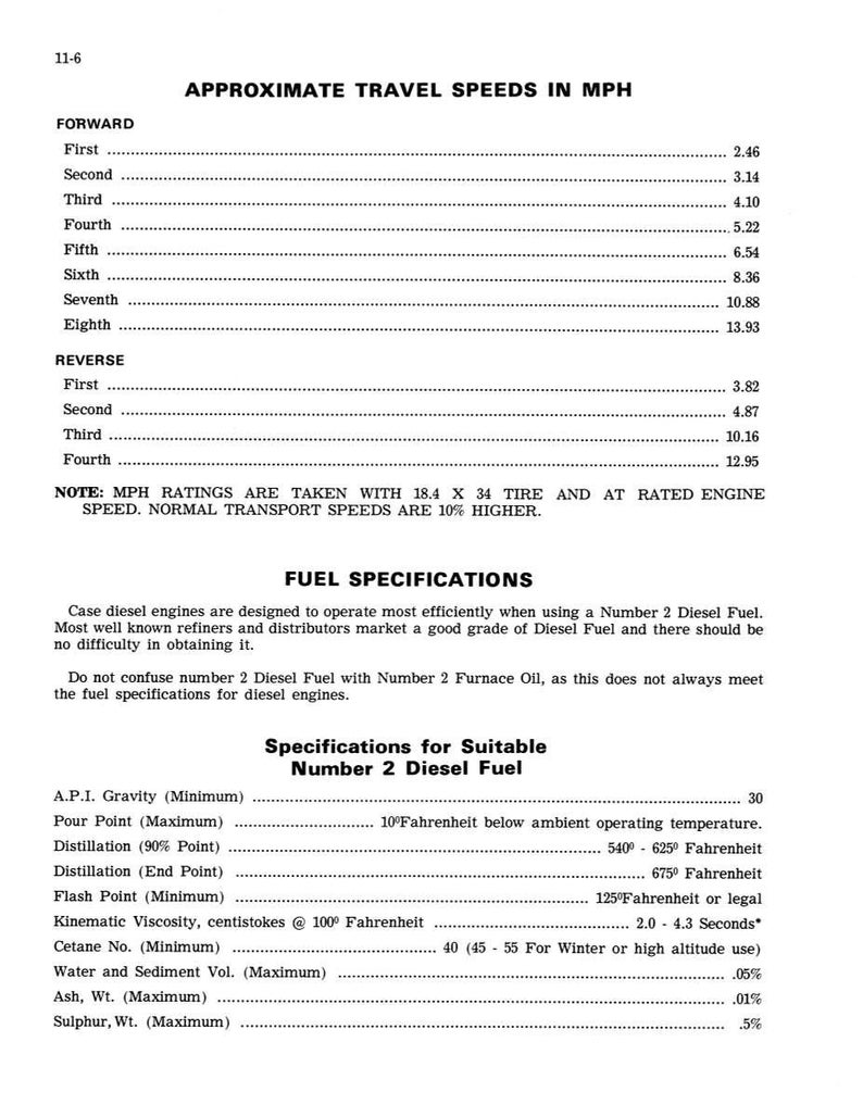 Puede incluir: Documento en blanco y negro con texto que detalla las velocidades de viaje aproximadas en MPH para un veh&iacute;culo, incluidas las marchas hacia adelante y hacia atr&aacute;s. Tambi&eacute;n incluye especificaciones de combustible para motores di&eacute;sel.