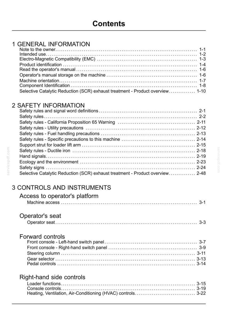 May include: A white document page with the title "Contents" at the top. The document lists sections such as "General Information," "Safety Information," and "Controls and Instruments," with corresponding page numbers.