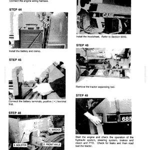 May include: A page from a manual with instructions for tractor maintenance. Steps include connecting wiring, installing parts, and checking systems. Text includes "Connect the engine wiring harness" and "Start the engine and check the operation".
