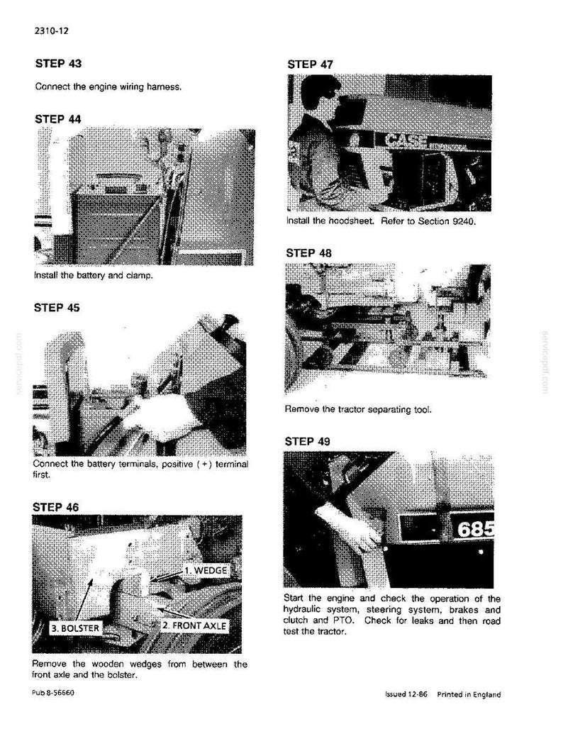 May include: A page from a manual with instructions for tractor maintenance. Steps include connecting wiring, installing parts, and checking systems. Text includes "Connect the engine wiring harness" and "Start the engine and check the operation".