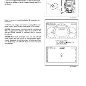 May include: Diagram of a rear view camera system with labeled components. Includes illustrations of the camera, display screen, and control button. Text provides instructions and safety notices for operation and maintenance.