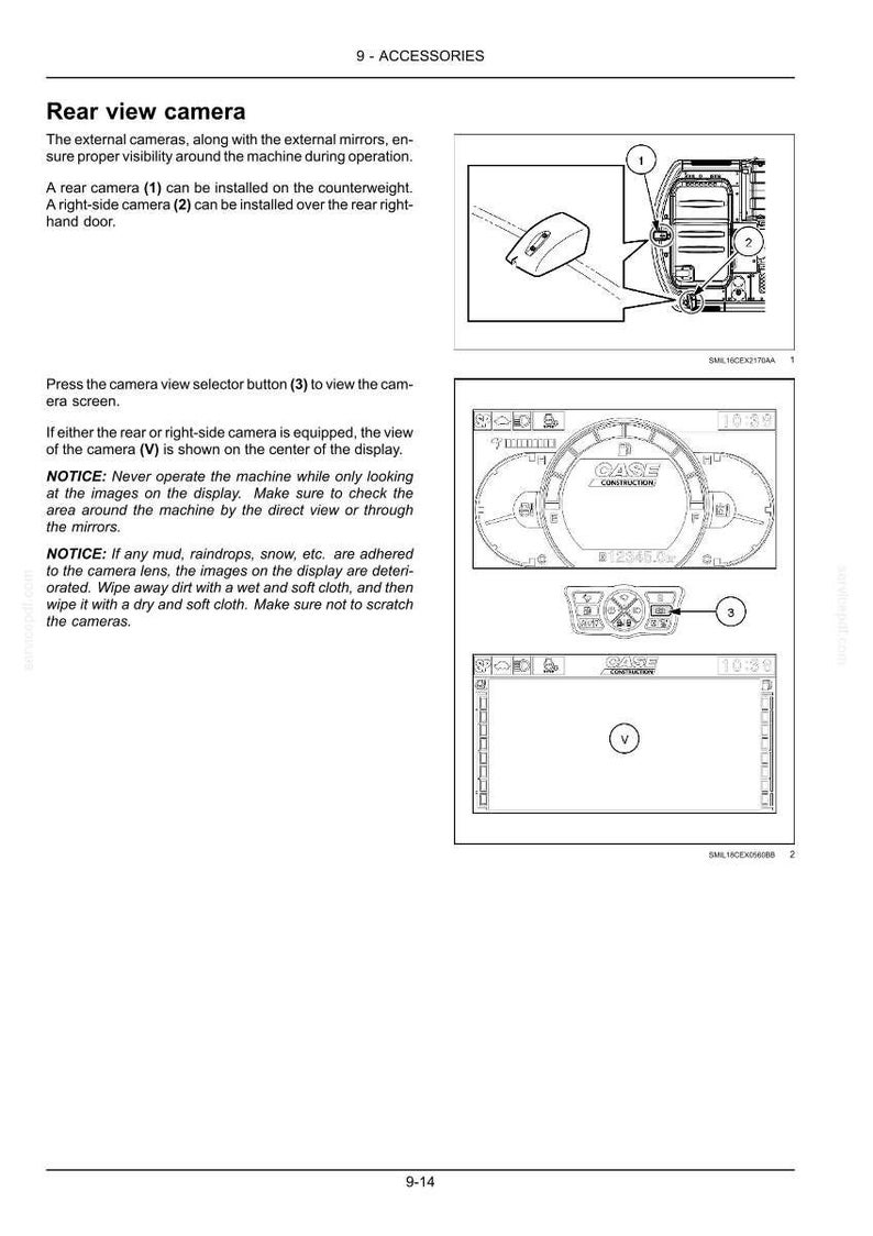 May include: Diagram of a rear view camera system with labeled components. Includes illustrations of the camera, display screen, and control button. Text provides instructions and safety notices for operation and maintenance.