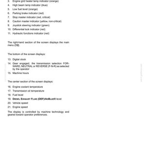 May include: A page from a manual titled "3 - CONTROLS AND INSTRUMENTS." It lists various indicators and displays, including engine temperature, fuel level, and vehicle speed. The text is in black font on a white background.