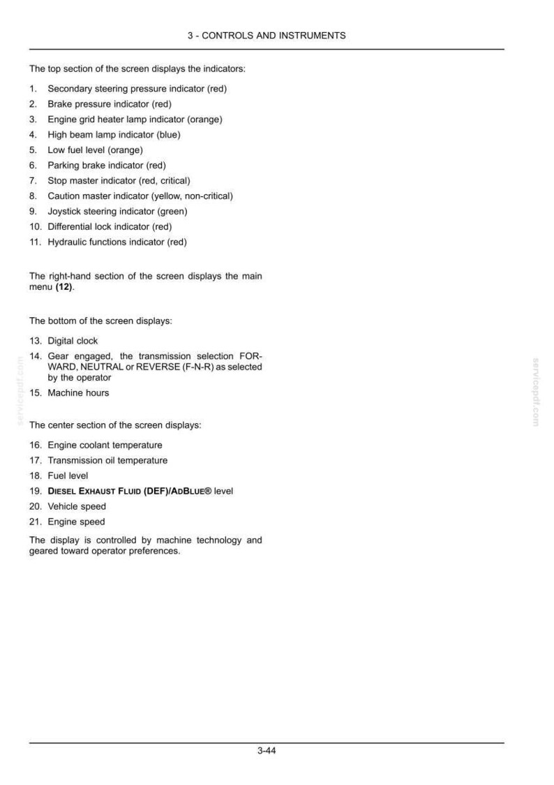 May include: A page from a manual titled "3 - CONTROLS AND INSTRUMENTS." It lists various indicators and displays, including engine temperature, fuel level, and vehicle speed. The text is in black font on a white background.