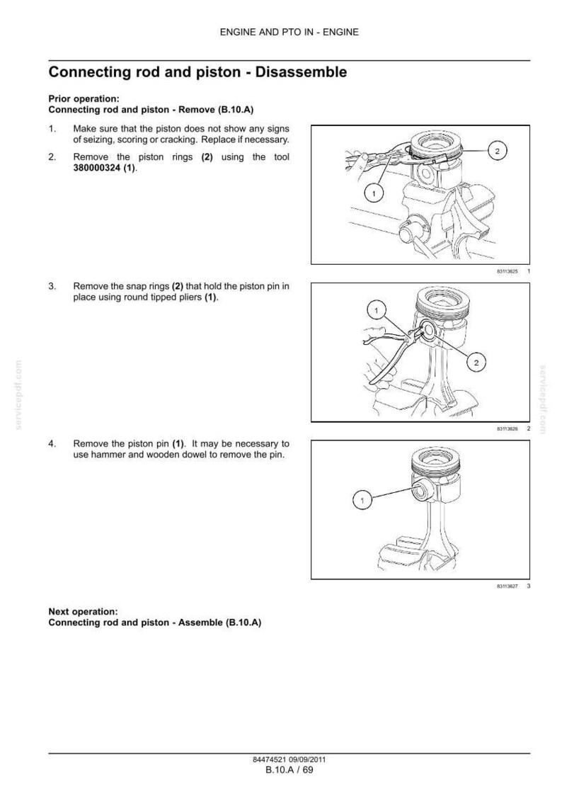 May include: Diagram illustrating the disassembly of a connecting rod and piston. The image shows numbered steps with tools and components labeled, including piston rings, snap rings, and a piston pin. The text provides instructions for each step.