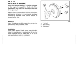 May include: A technical manual page titled SECTION 18 - CLUTCH - CHAPTER 1, detailing the servicing of a clutch pilot bearing. It includes text instructions for removal and installation, and a diagram labeled with numbers 1, 2, and 3.