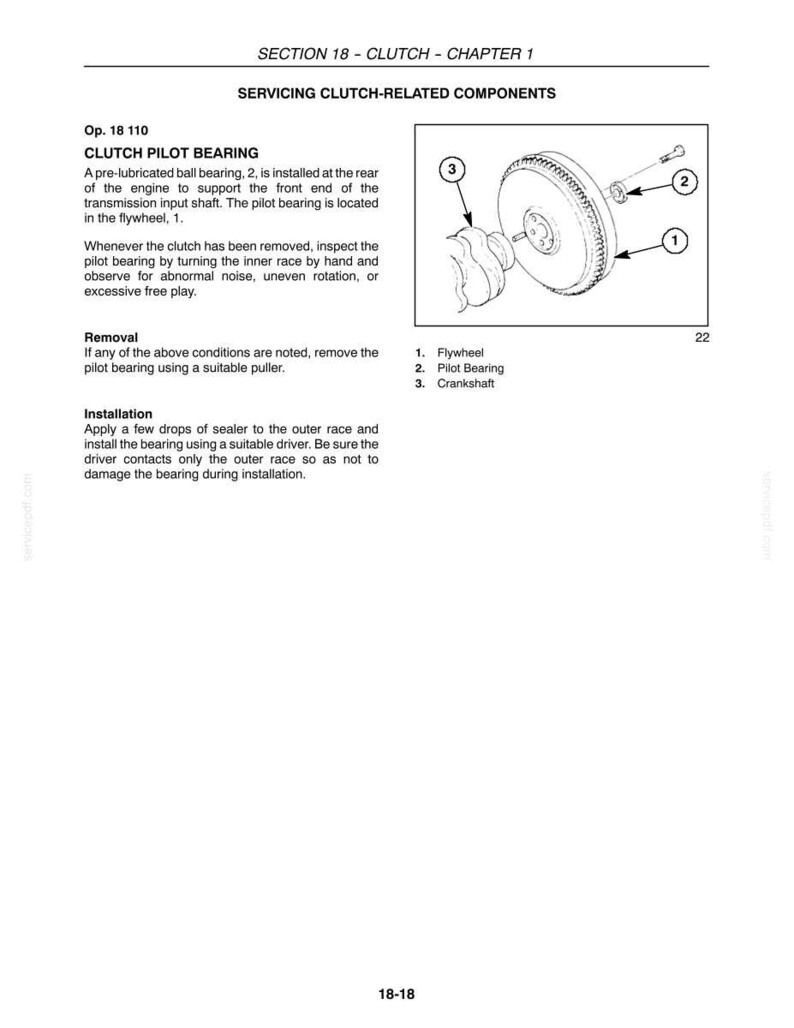 May include: A technical manual page titled SECTION 18 - CLUTCH - CHAPTER 1, detailing the servicing of a clutch pilot bearing. It includes text instructions for removal and installation, and a diagram labeled with numbers 1, 2, and 3.