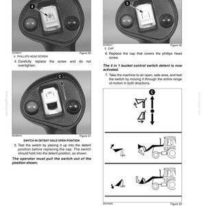 May include: A page from a maintenance manual with close-up diagrams of machinery components. The diagrams show Phillips head screws, caps, and switch positions. Text includes instructions for replacing parts and testing the switch.