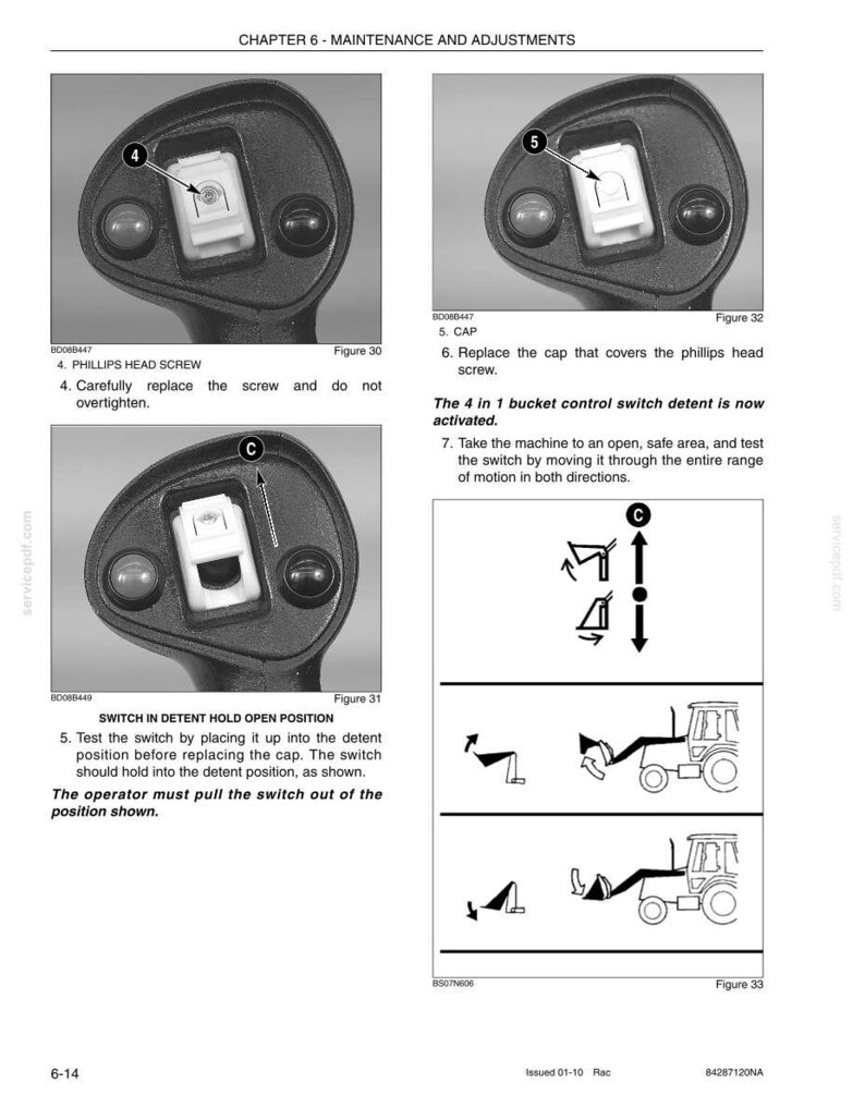 May include: A page from a maintenance manual with close-up diagrams of machinery components. The diagrams show Phillips head screws, caps, and switch positions. Text includes instructions for replacing parts and testing the switch.
