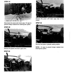 May include: A page from a manual with diagrams and text detailing steps for tractor maintenance. The images show close-ups of tractor parts with instructions for removing and replacing components, including pipes and washers.
