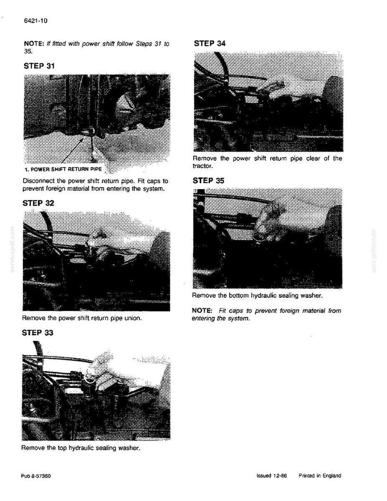 May include: A page from a manual with diagrams and text detailing steps for tractor maintenance. The images show close-ups of tractor parts with instructions for removing and replacing components, including pipes and washers.