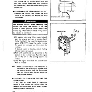 May include: A technical manual page detailing radiator and reserve tank maintenance. It includes diagrams of a cooling water reserve tank with full and low markings, a radiator cap assembly, and instructional text regarding coolant levels and cleaning.