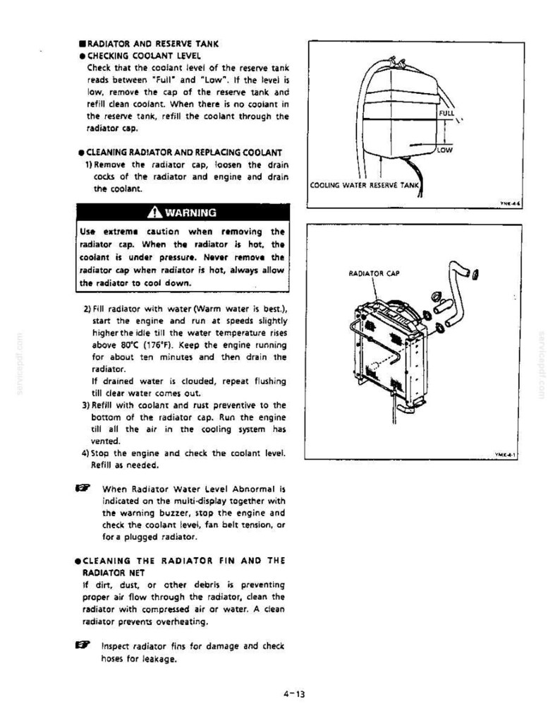 May include: A technical manual page detailing radiator and reserve tank maintenance. It includes diagrams of a cooling water reserve tank with full and low markings, a radiator cap assembly, and instructional text regarding coolant levels and cleaning.
