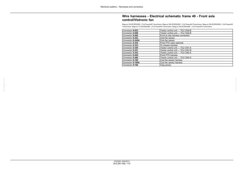 May include: A white page with text detailing wire harnesses and electrical schematics for a front axle control/Vistronic fan system. The text includes connector numbers and descriptions, such as "Cool fan sensor" and "Dog sensor."