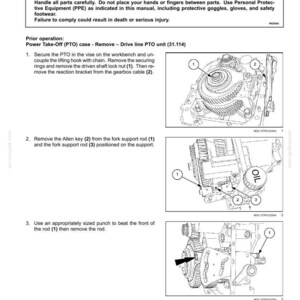 Puede incluir: Diagrama t&eacute;cnico que ilustra el desmontaje de una toma de fuerza (PTO). La imagen incluye piezas numeradas y advertencias de seguridad. El diagrama es una ilustraci&oacute;n t&eacute;cnica con instrucciones.