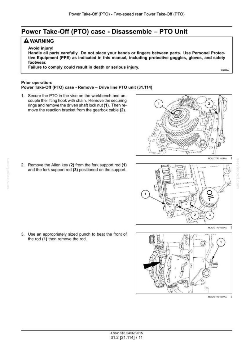 Puede incluir: Diagrama t&eacute;cnico que ilustra el desmontaje de una toma de fuerza (PTO). La imagen incluye piezas numeradas y advertencias de seguridad. El diagrama es una ilustraci&oacute;n t&eacute;cnica con instrucciones.