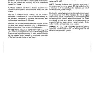 May include: A technical document page titled 7-MAINTENANCE containing instructions regarding biodiesel fuel usage, storage, and engine warranty conditions for New Holland Construction machinery, including notices about fuel quality and system maintenance.