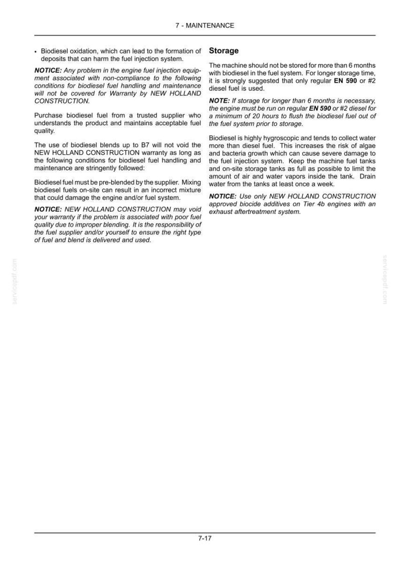 May include: A technical document page titled 7-MAINTENANCE containing instructions regarding biodiesel fuel usage, storage, and engine warranty conditions for New Holland Construction machinery, including notices about fuel quality and system maintenance.