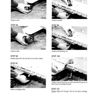 May include: A black and white diagram showing instructions for installing components like rollers and nuts. The steps include installing a shim, washer, and self-locking nut. Text includes "Install a shim", "Install a washer", and "Install a self-locking nut."