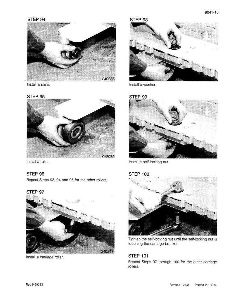 May include: A black and white diagram showing instructions for installing components like rollers and nuts. The steps include installing a shim, washer, and self-locking nut. Text includes "Install a shim", "Install a washer", and "Install a self-locking nut."
