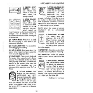 Peut inclure: Page de manuel avec des sch&eacute;mas et des descriptions des commandes d'une machine. Comprend des sections sur le bouton d'arr&ecirc;t d'alarme, les boutons de s&eacute;lection de mode, l'alarme de d&eacute;placement, etc.