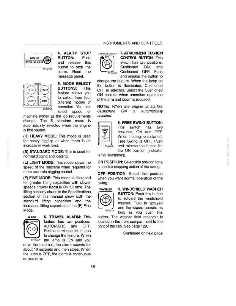 Peut inclure: Page de manuel avec des sch&eacute;mas et des descriptions des commandes d'une machine. Comprend des sections sur le bouton d'arr&ecirc;t d'alarme, les boutons de s&eacute;lection de mode, l'alarme de d&eacute;placement, etc.