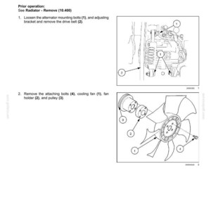 May include: Diagram of an engine cooling system, detailing the removal of a water pump. Includes labeled illustrations of bolts, cooling fans, and pulleys. Text includes instructions and part numbers.