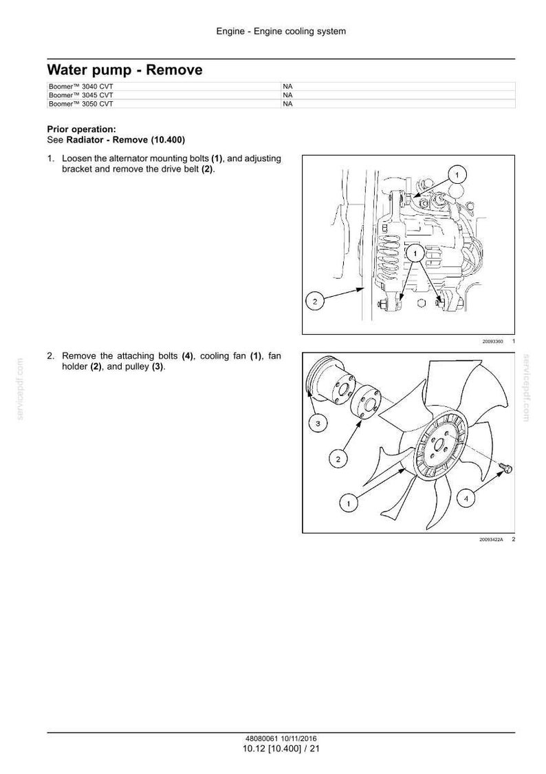 May include: Diagram of an engine cooling system, detailing the removal of a water pump. Includes labeled illustrations of bolts, cooling fans, and pulleys. Text includes instructions and part numbers.