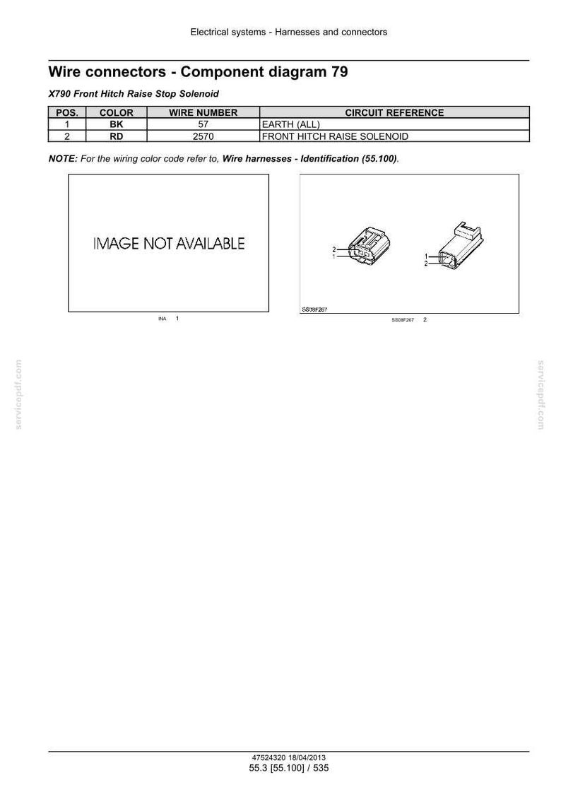 May include: Diagram of wire connectors, component diagram 79, with a table showing wire color, wire number, and circuit reference. Includes images of connectors and the text "IMAGE NOT AVAILABLE".