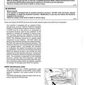 May include: A technical manual page titled Roll Over Protective Structure (ROPS) - Check, featuring two warning boxes regarding roll-over and misuse hazards, maintenance instructions for the ROPS and seat restraint system, and a diagram of a ROPS plate.