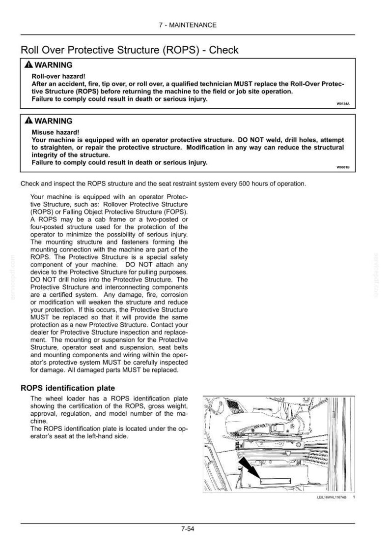 May include: A technical manual page titled Roll Over Protective Structure (ROPS) - Check, featuring two warning boxes regarding roll-over and misuse hazards, maintenance instructions for the ROPS and seat restraint system, and a diagram of a ROPS plate.