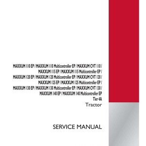 May include: A white service manual with red accents, featuring text for MAXXUM tractor models. The cover includes model numbers and the words "SERVICE MANUAL" and "Tractor". The Case IH Agriculture logo is in the bottom right corner.