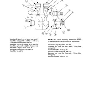 May include: Detailed technical diagram of a mechanical component, featuring various parts labeled with numbers. The diagram includes instructions for assembly, with notes on respecting the position of each check valve assembly during disassembly. The image is in black and white.