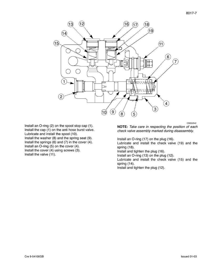 May include: Detailed technical diagram of a mechanical component, featuring various parts labeled with numbers. The diagram includes instructions for assembly, with notes on respecting the position of each check valve assembly during disassembly. The image is in black and white.
