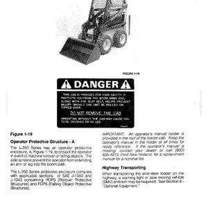 May include: A technical manual page titled General Information featuring a black and white illustration of a skid-steer loader and a safety decal that reads DANGER. The text explains the operator protective structure and safety requirements.