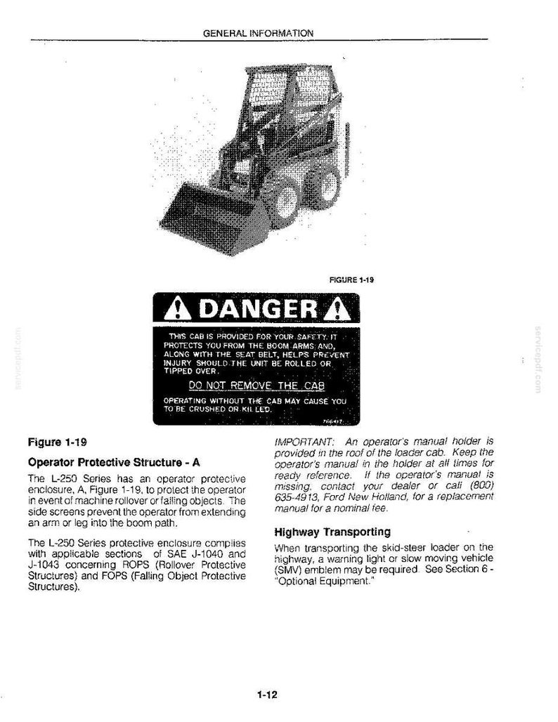 May include: A technical manual page titled General Information featuring a black and white illustration of a skid-steer loader and a safety decal that reads DANGER. The text explains the operator protective structure and safety requirements.