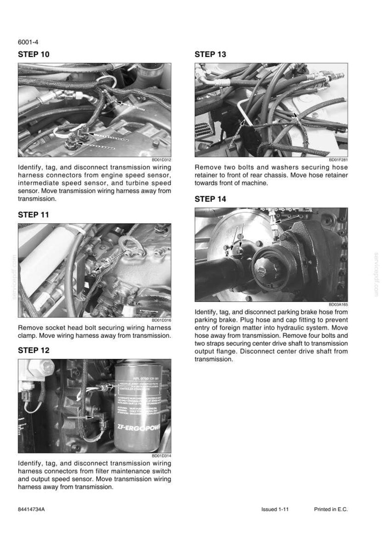 May include: A technical manual page titled 6001-4 featuring four black and white instructional photographs labeled Step 10 through Step 14. Each section includes mechanical diagrams of vehicle transmission components, wiring harnesses, and hoses with text instructions.