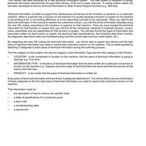 May include: A printed manual page with the title "Technical Information." The text describes a new technical information system, including ICE coding, for machine maintenance and service. It details categories like Location, Information Type, and Product.